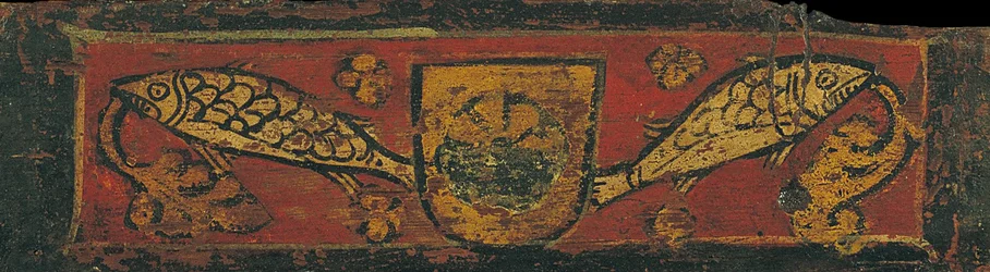 Deckenpaneel mit Wappen und Fischen, die Pflanzenmotive verschlingen